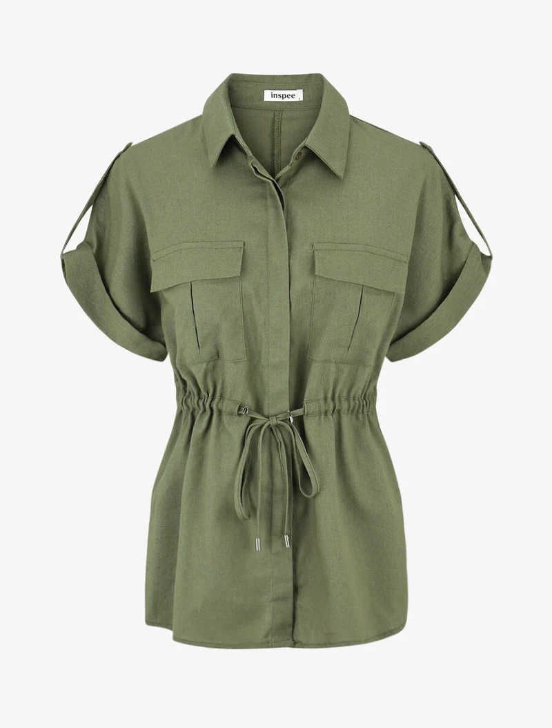 Ensemble chemise et pantalon uni effet lin - Kaki