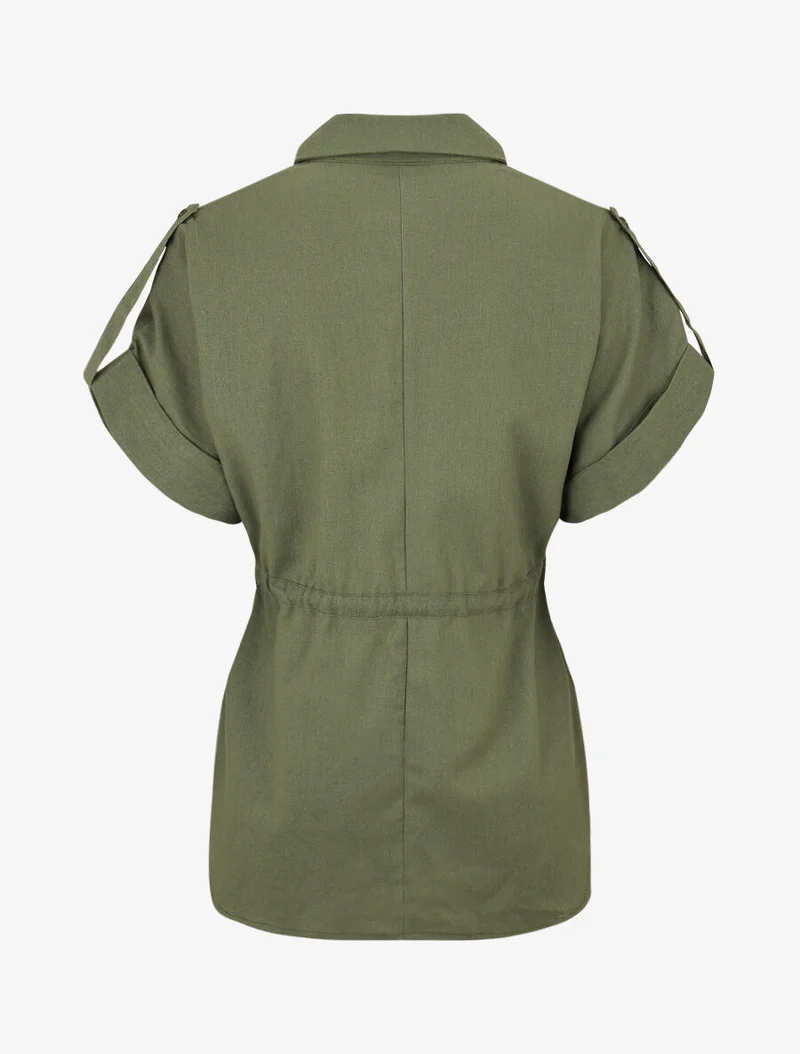 Ensemble chemise et pantalon uni effet lin - Kaki