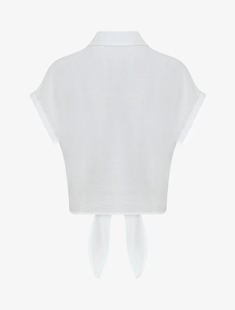 Chemise manches courtes à empiècements en crochet et noeud - Blanc