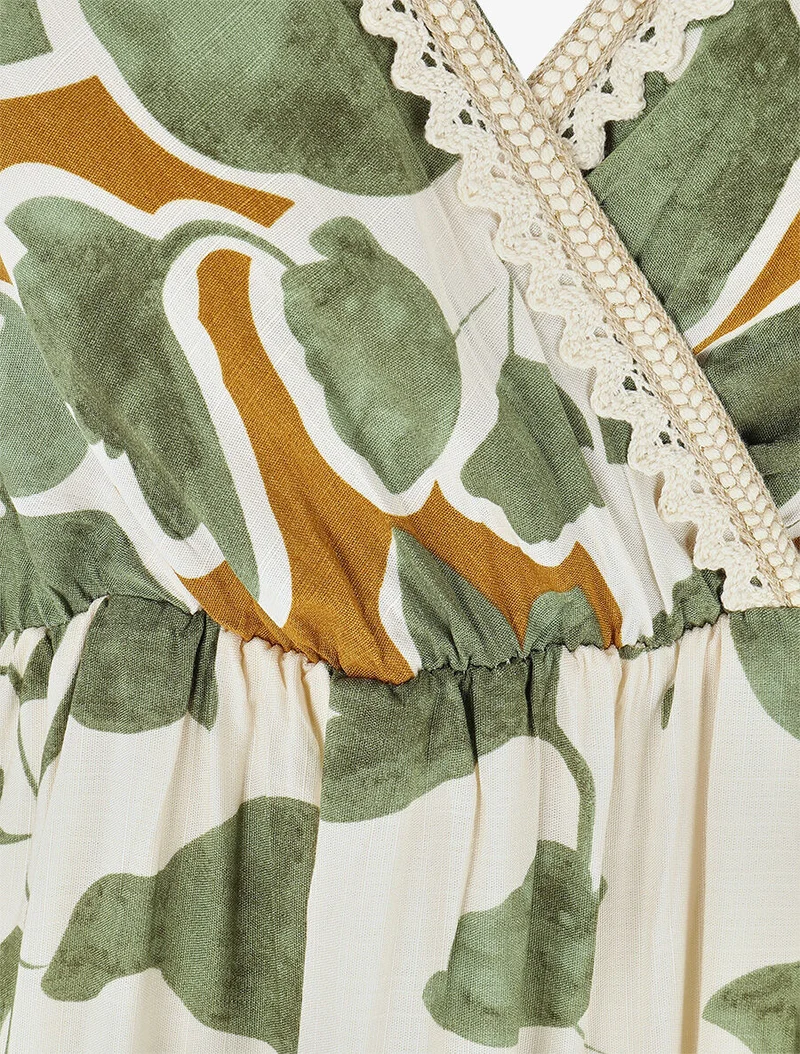 Robe longue à fines bretelles imprimé feuillage - Kaki