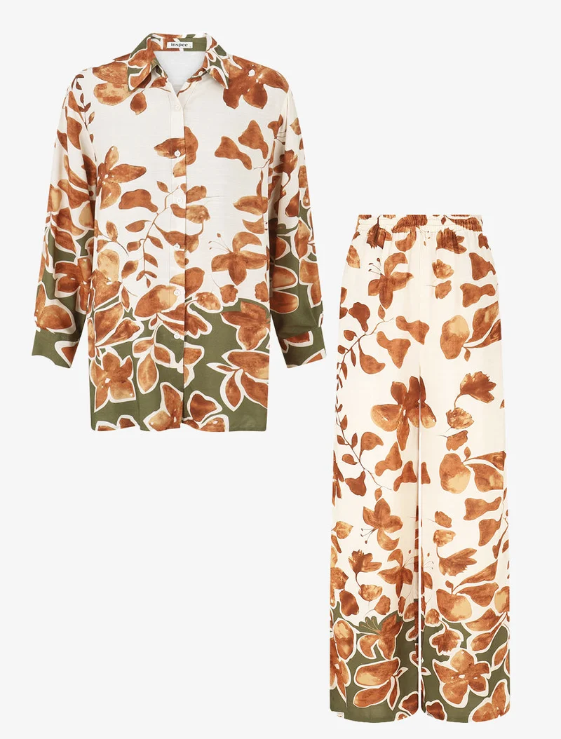 Ensemble chemise et pantalon imprimé floral - Marron