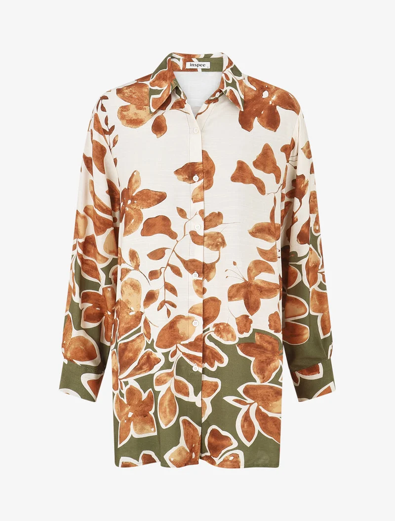 Ensemble chemise et pantalon imprimé floral - Marron