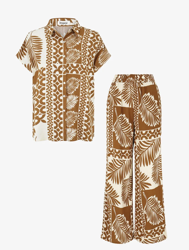 Ensemble chemise et pantalon imprimé tropical - Marron