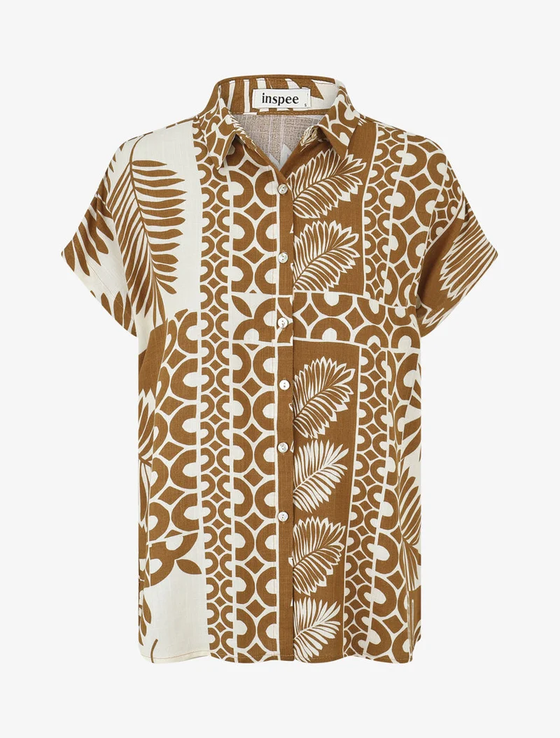 Ensemble chemise et pantalon imprimé tropical - Marron