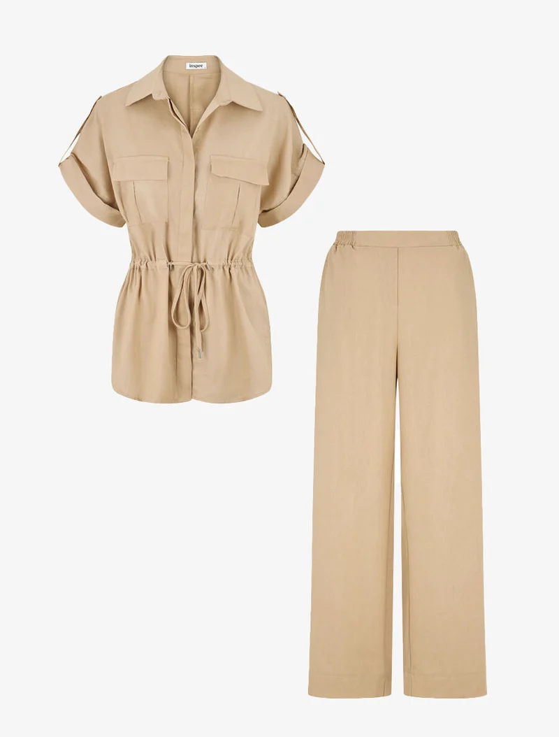 Ensemble chemise et pantalon uni effet lin - Beige
