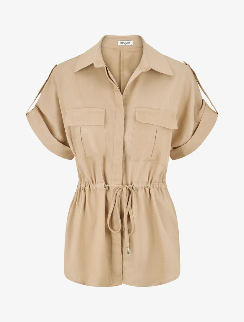 Ensemble chemise et pantalon uni effet lin - Beige