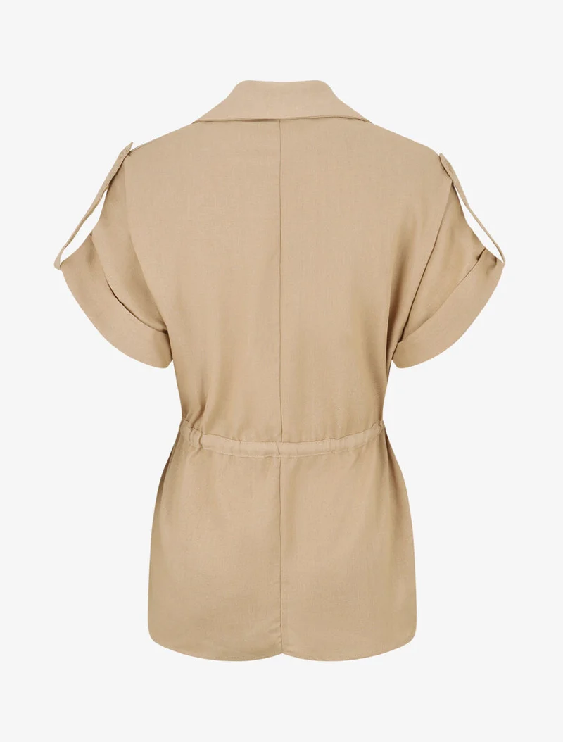 Ensemble chemise et pantalon uni effet lin - Beige