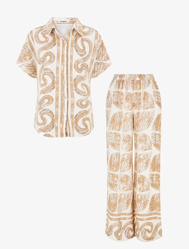 Ensemble chemise et pantalon imprimé fantaisie - Beige