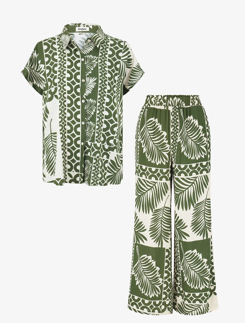 Ensemble chemise et pantalon imprimé tropical - Kaki