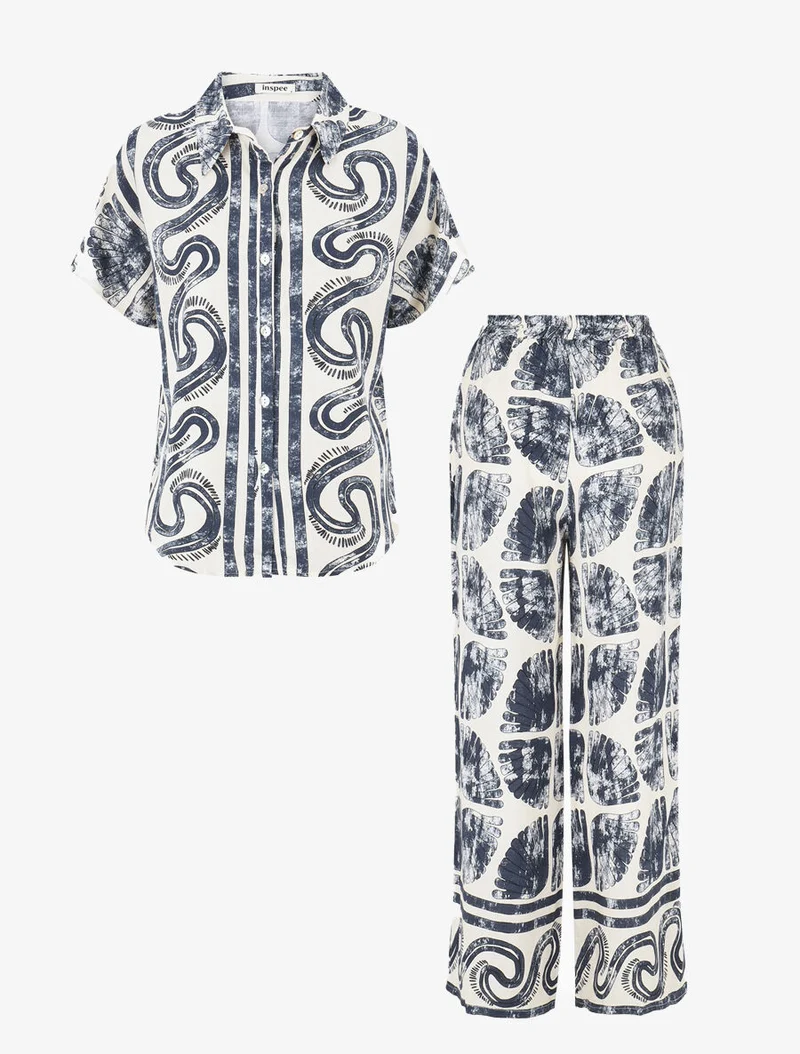 Ensemble chemise et pantalon imprimé fantaisie - Marine