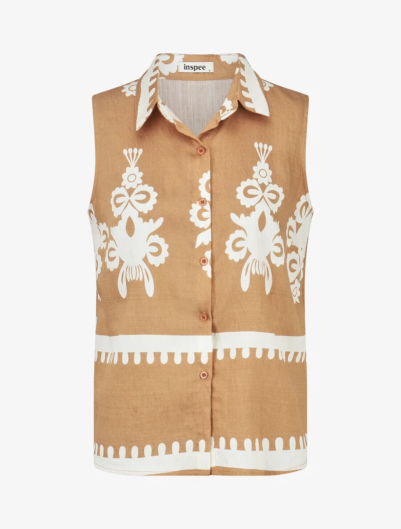 Ensemble top sans manches et pantalon imprimé ikat - Camel