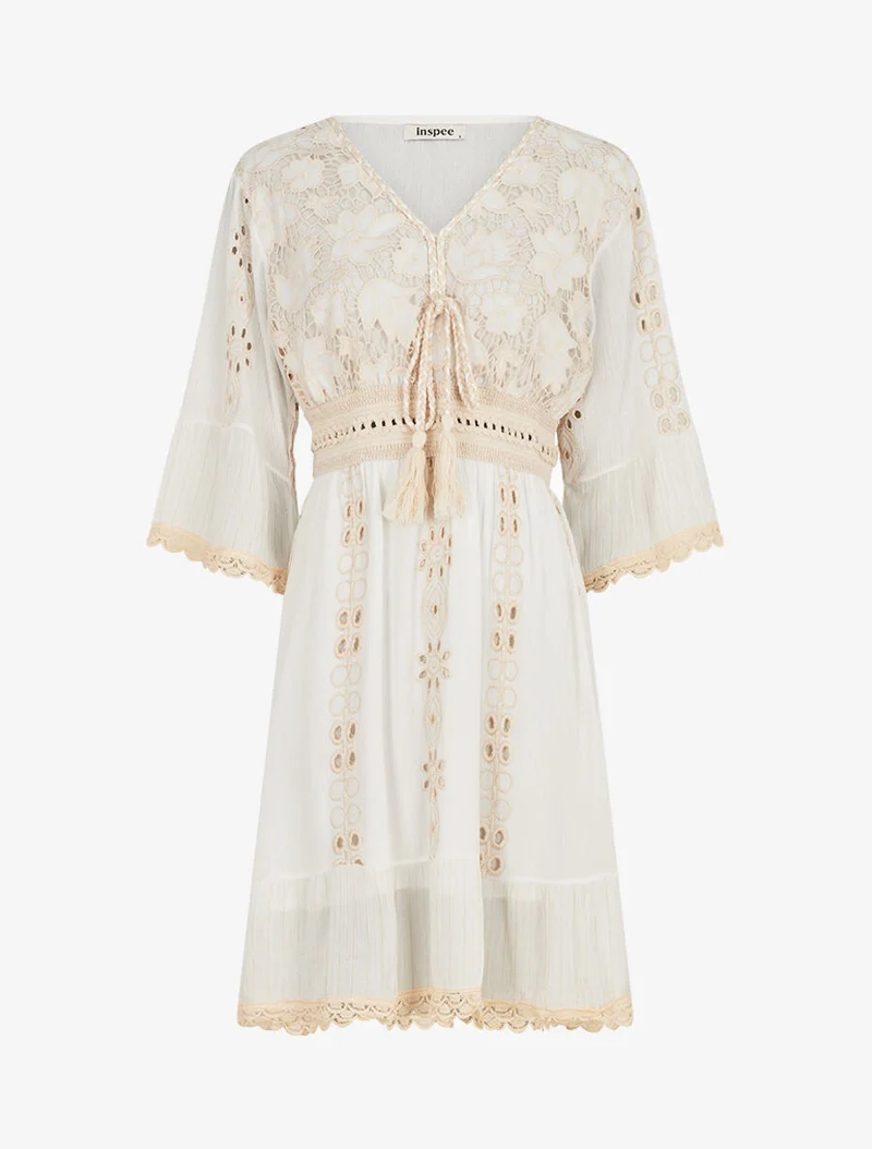 Robe bohème à dentelle fleurie - Blanc/beige