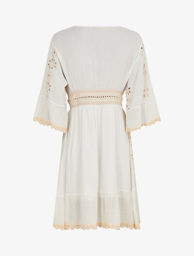 Robe bohème à dentelle fleurie - Blanc/beige