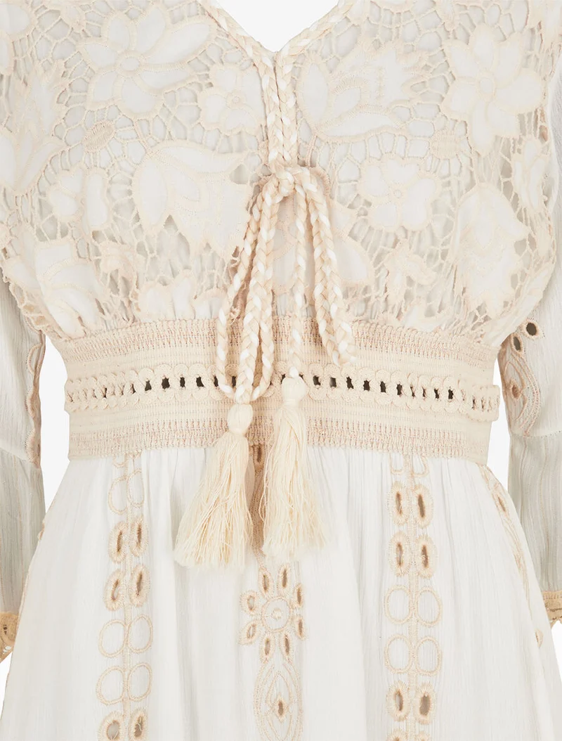 Robe bohème à dentelle fleurie - Blanc/beige