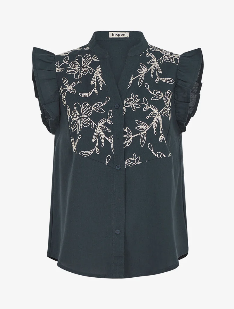 Blouse brodée sans manches à épaules volantées - Bleu pétrole