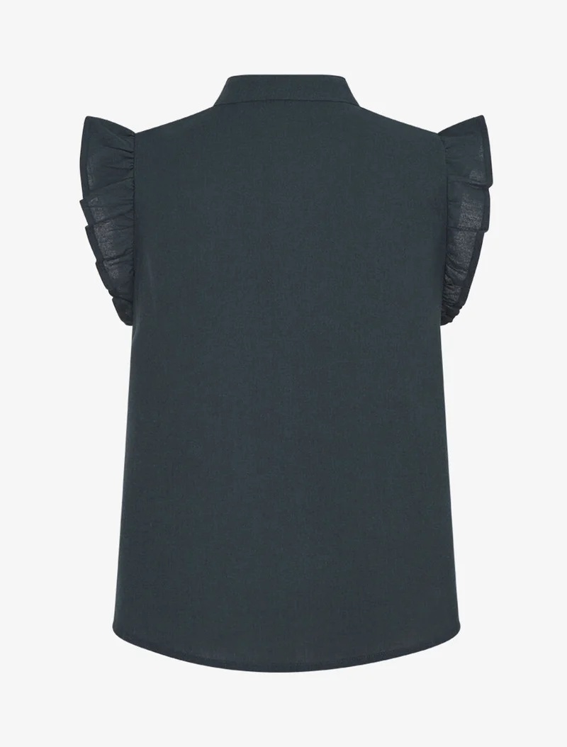 Blouse brodée sans manches à épaules volantées - Bleu pétrole