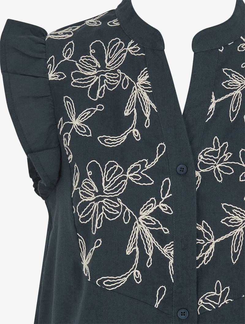 Blouse brodée sans manches à épaules volantées - Bleu pétrole