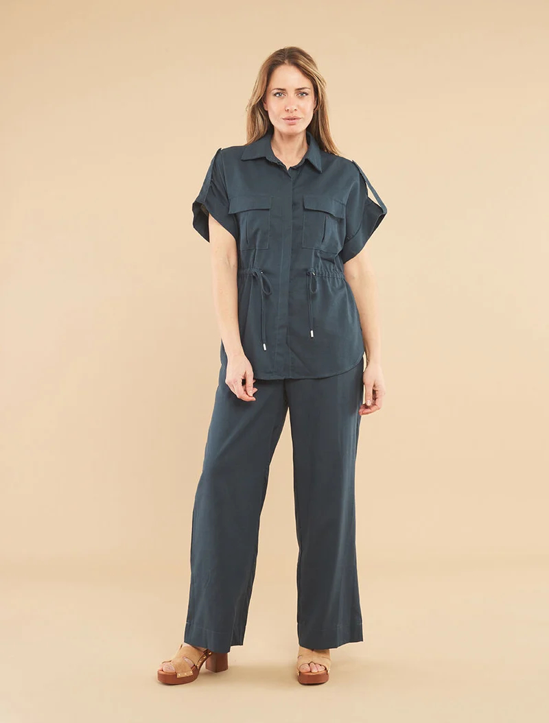 Ensemble chemise et pantalon uni effet lin - Bleu pétrole