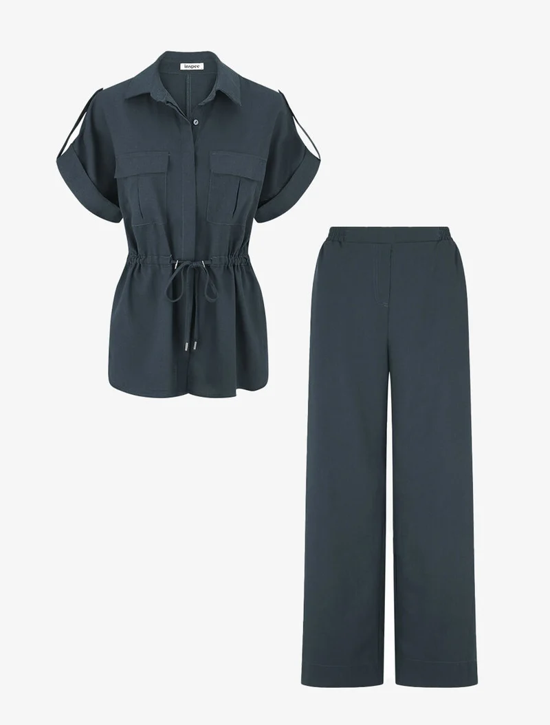 Ensemble chemise et pantalon uni effet lin - Bleu pétrole