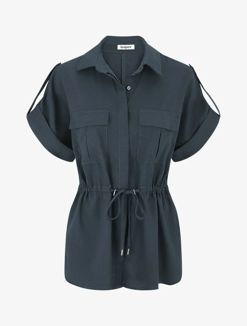 Ensemble chemise et pantalon uni effet lin - Bleu pétrole