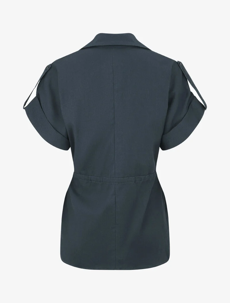 Ensemble chemise et pantalon uni effet lin - Bleu pétrole
