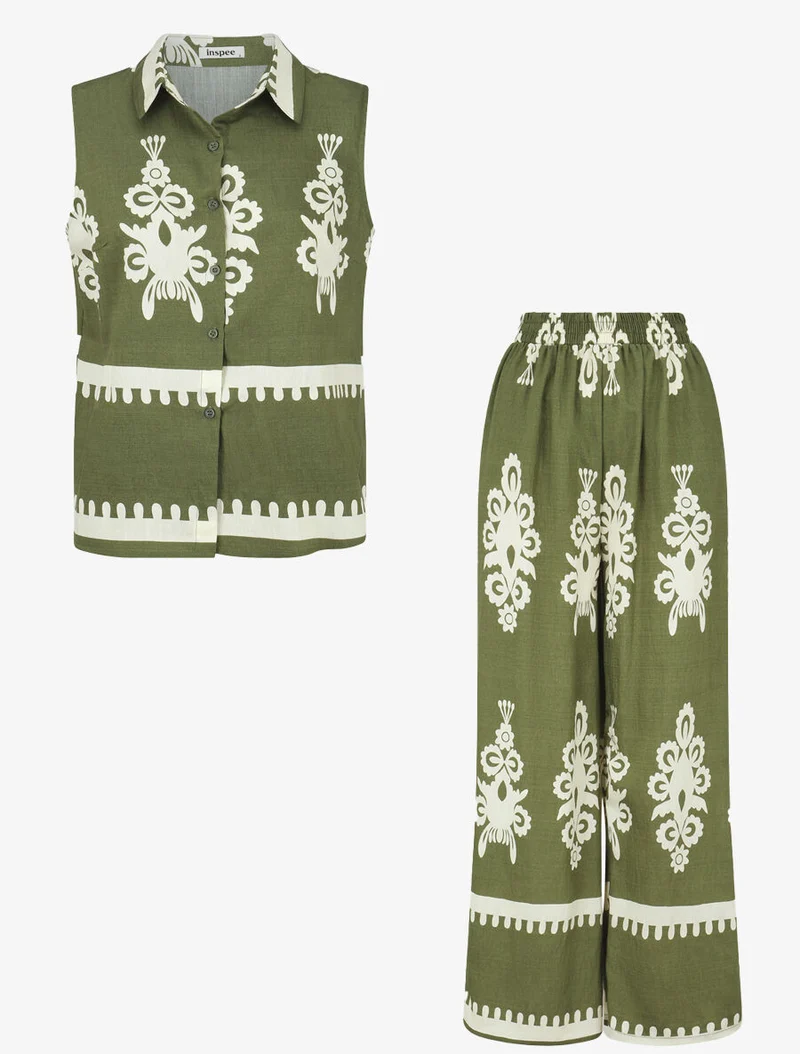 Ensemble top sans manches et pantalon imprimé ikat - Kaki