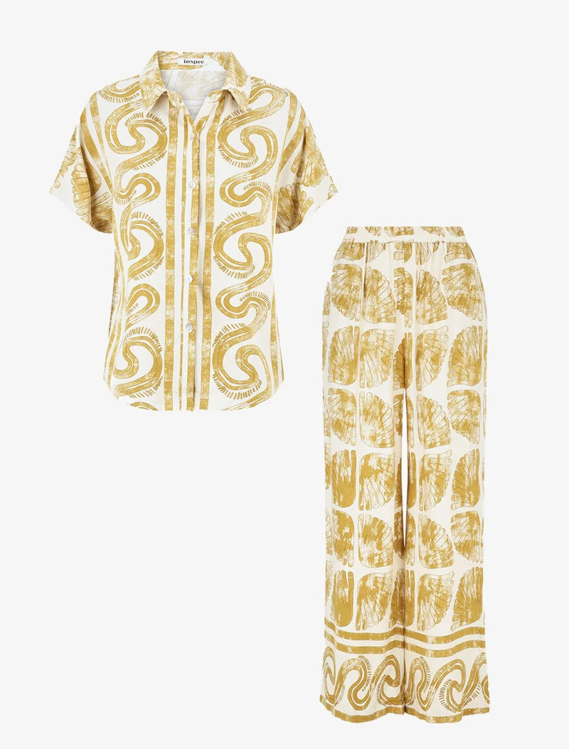 Ensemble chemise et pantalon imprimé fantaisie - Moutarde