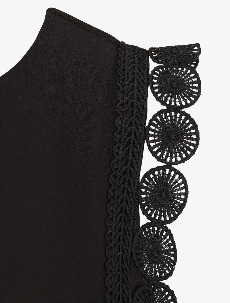 Top droit uni sans manches à dentelle - Noir