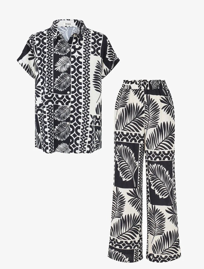 Ensemble chemise et pantalon imprimé tropical - Marine