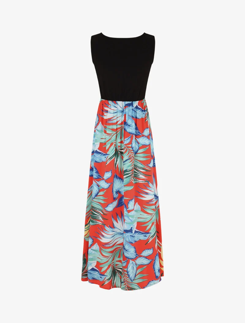 Robe longue sans manches imprimé feuillage - Bleu