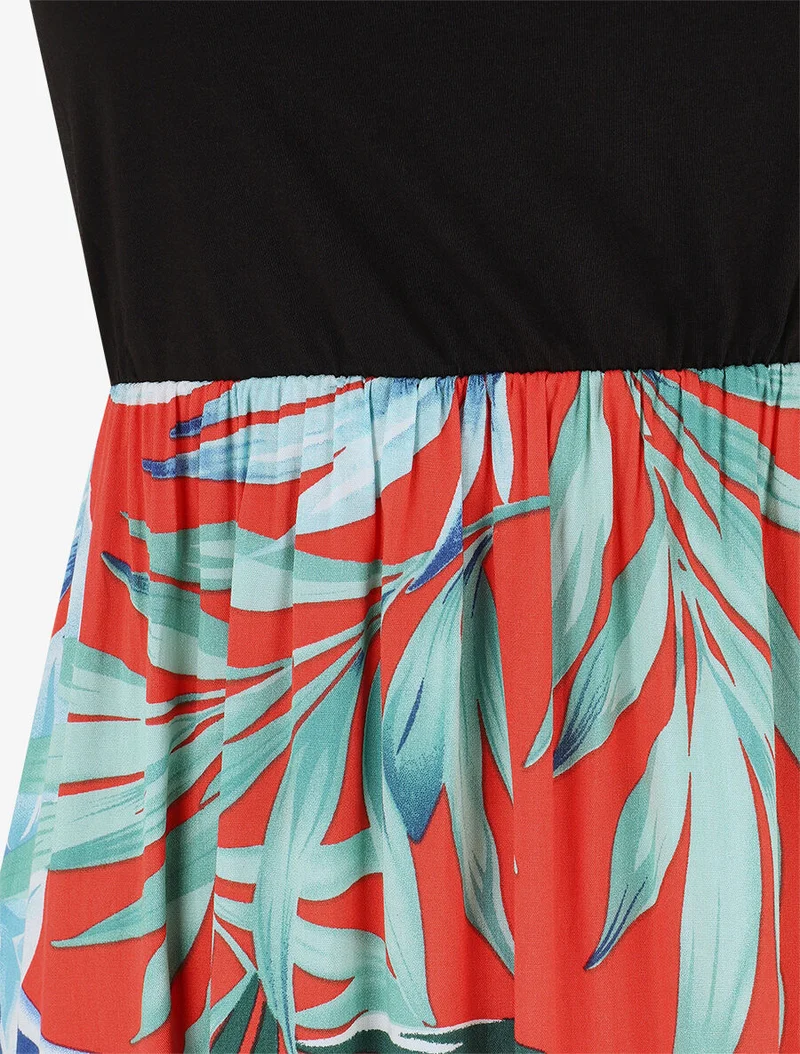 Robe longue sans manches imprimé feuillage - Bleu