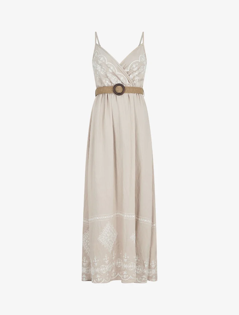 Robe longue à fines bretelles et broderies - Beige