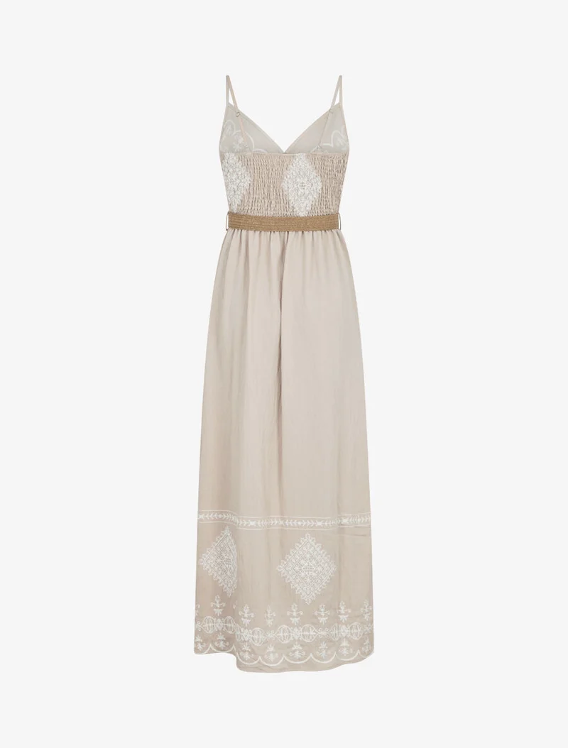 Robe longue à fines bretelles et broderies - Beige