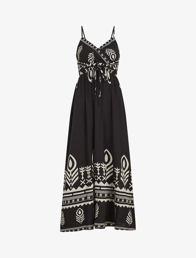 Robe longue à fines bretelles imprimé ethnique - Noir