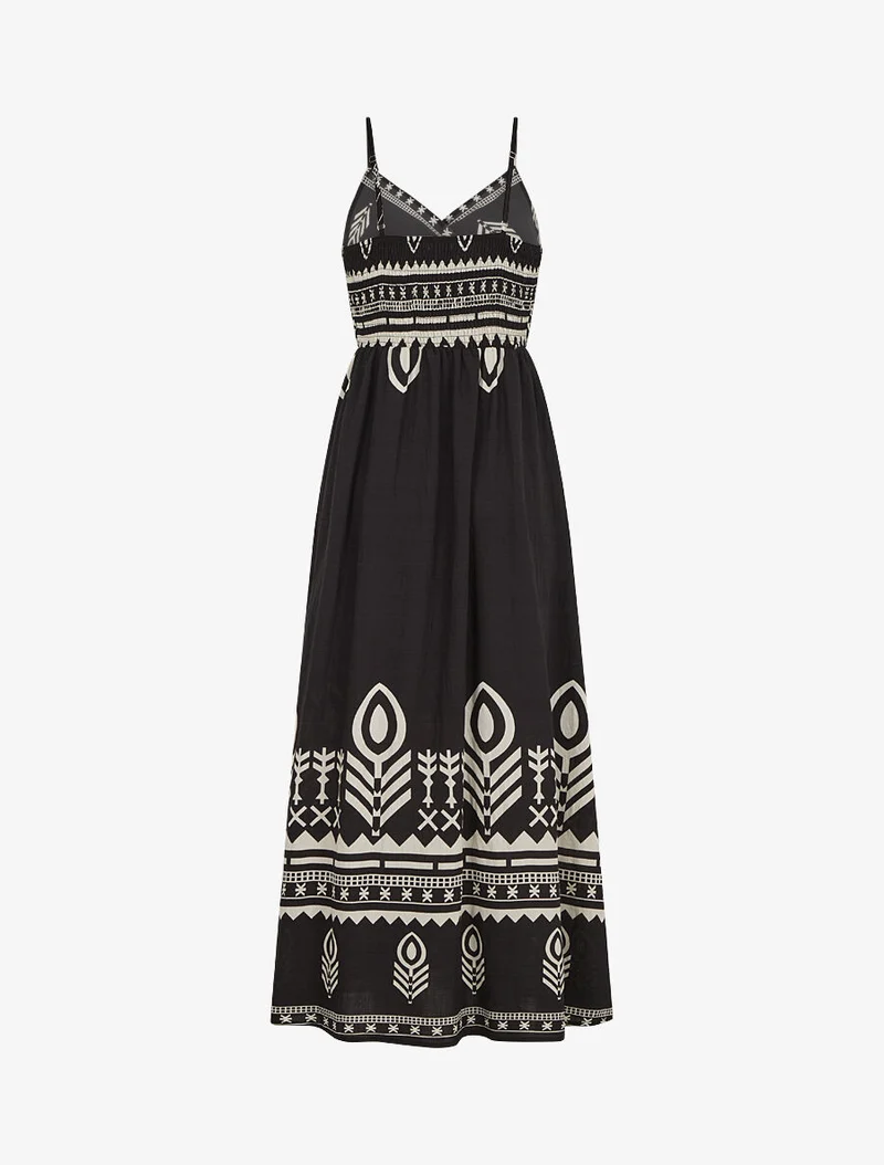 Robe longue à fines bretelles imprimé ethnique - Noir