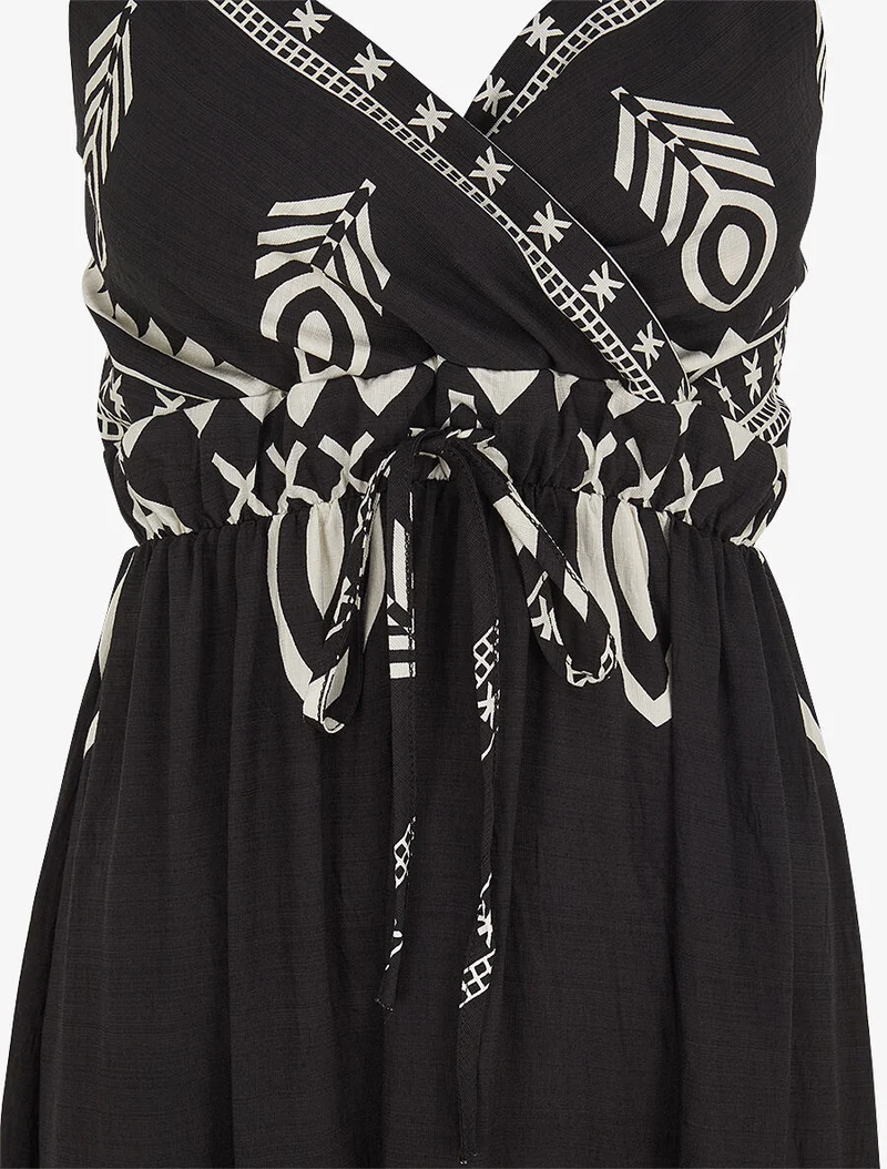 Robe longue à fines bretelles imprimé ethnique - Noir