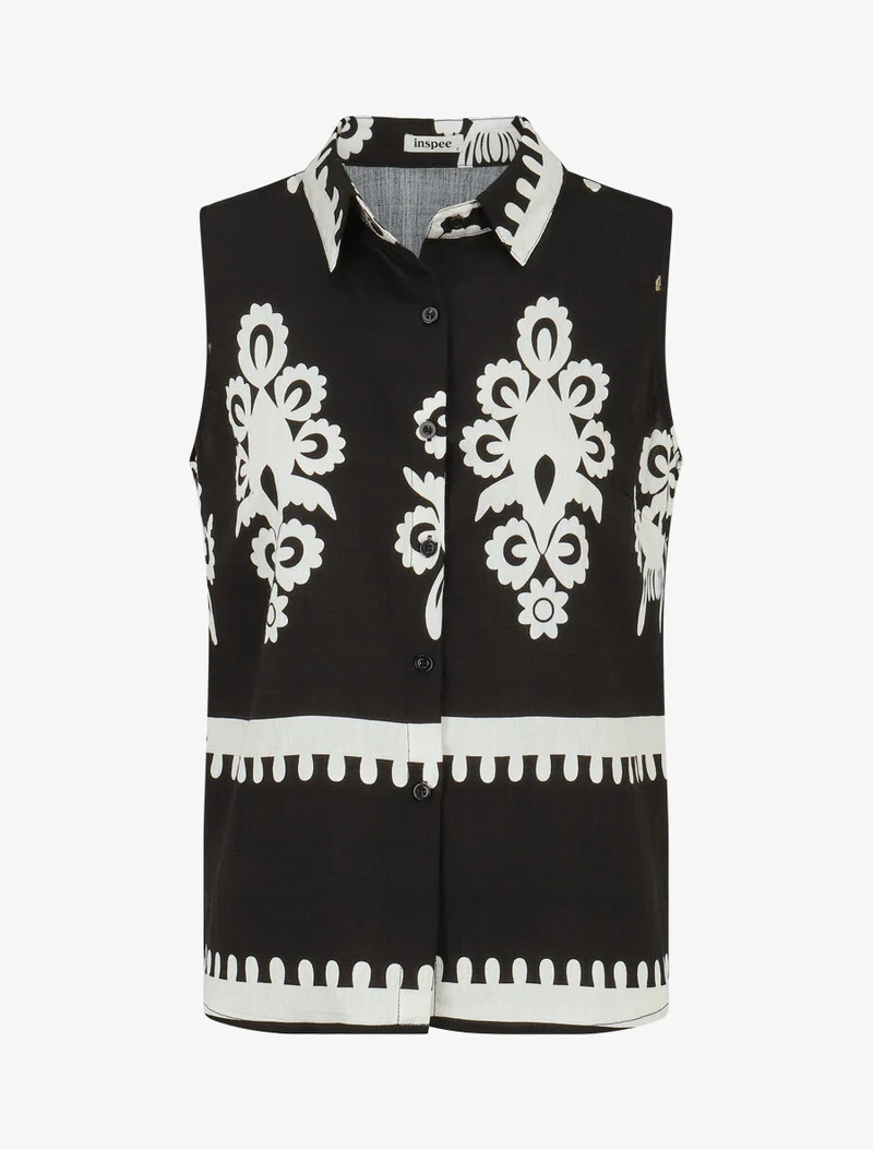 Ensemble top sans manches et pantalon imprimé ikat - Noir