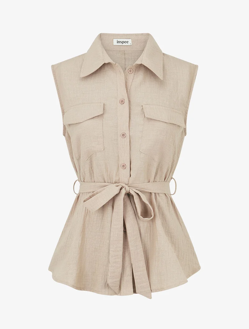 Ensemble top sans manches et pantalon - Beige