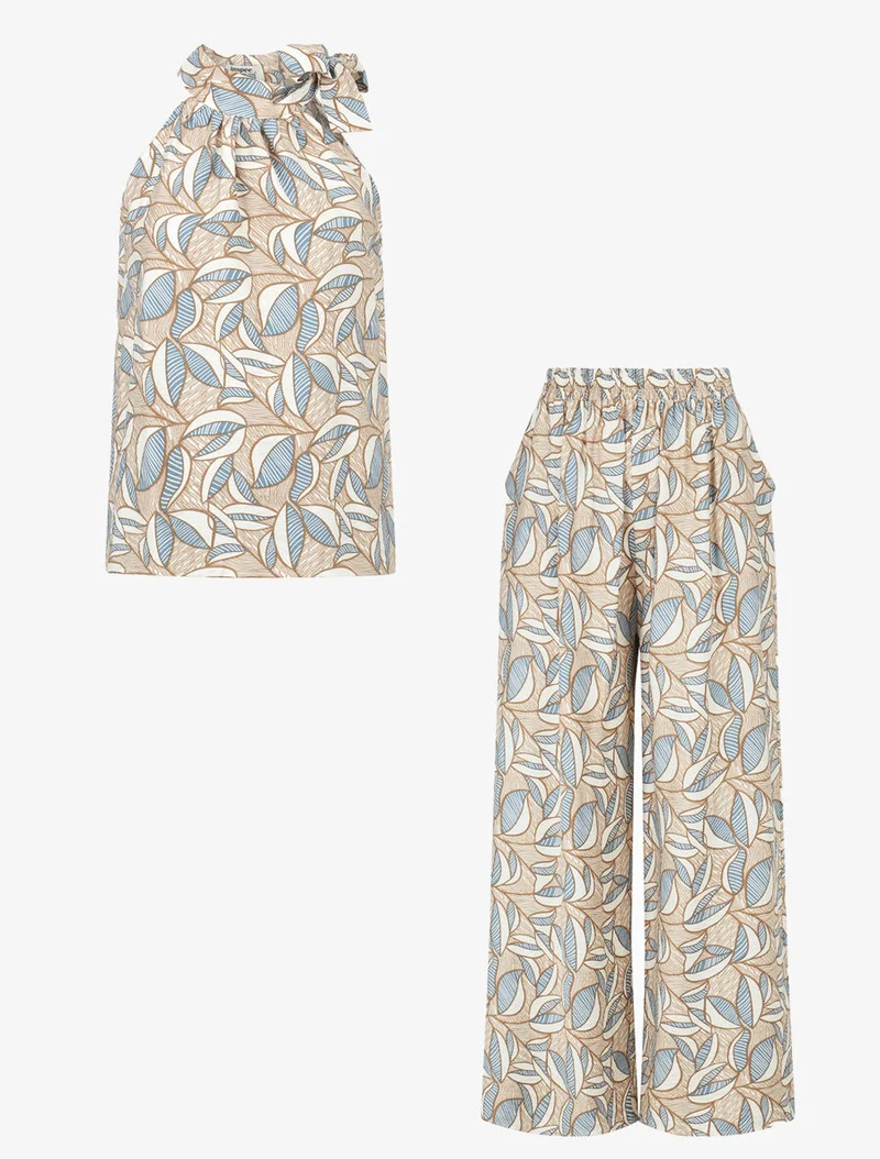 Ensemble top sans manches et pantalon imprimé wax - Beige