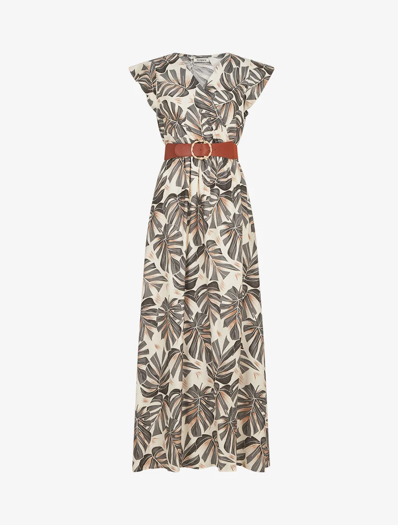 Robe longue évasée imprimé tropical - Gris foncé