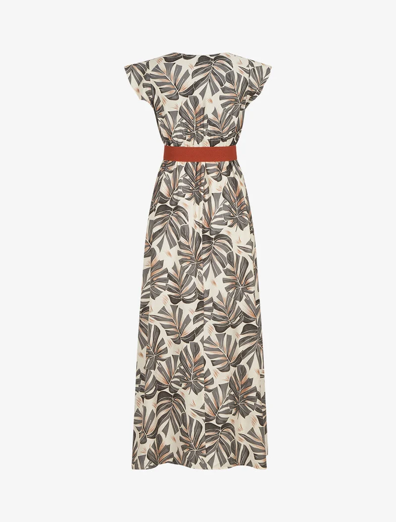 Robe longue évasée imprimé tropical - Gris foncé