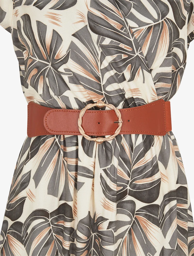 Robe longue évasée imprimé tropical - Gris foncé