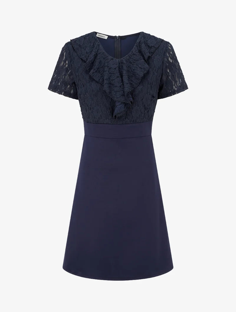Robe droite à buste volanté en dentelle - Marine
