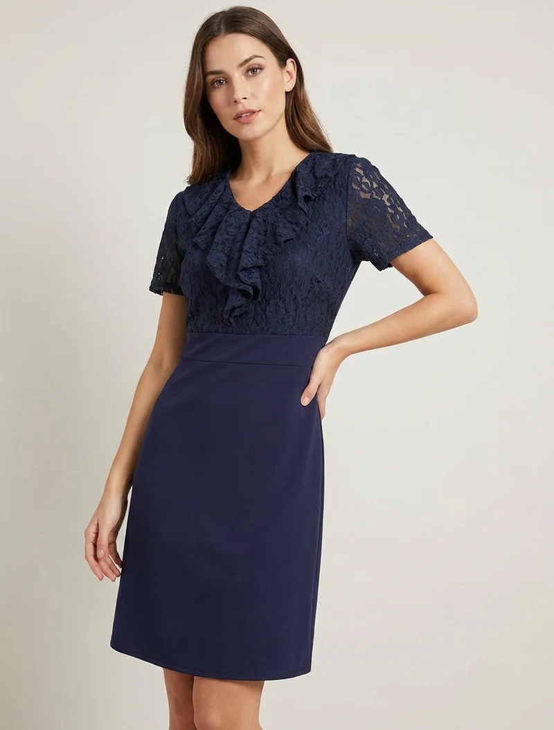 Robe droite à buste volanté en dentelle - Marine
