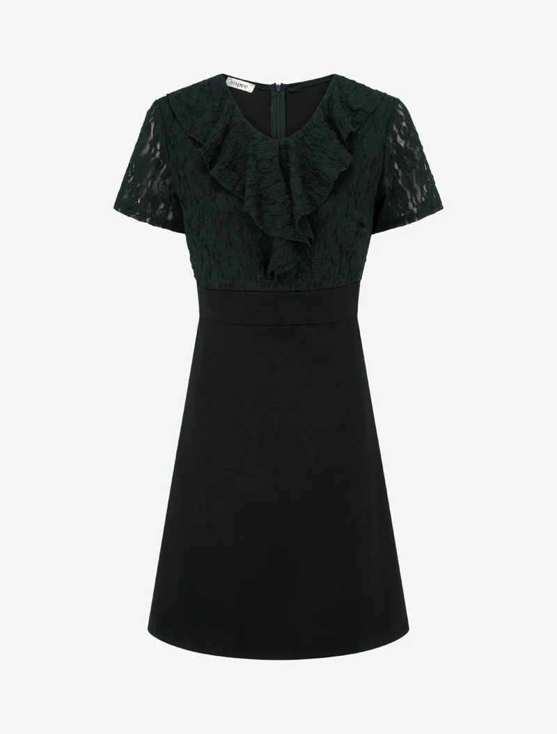 Robe droite à buste volanté en dentelle - Noir
