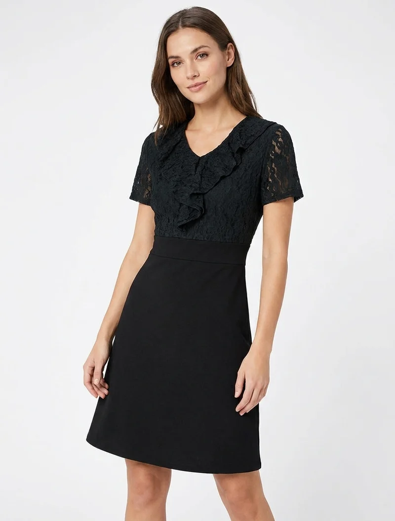 Robe droite à buste volanté en dentelle - Noir