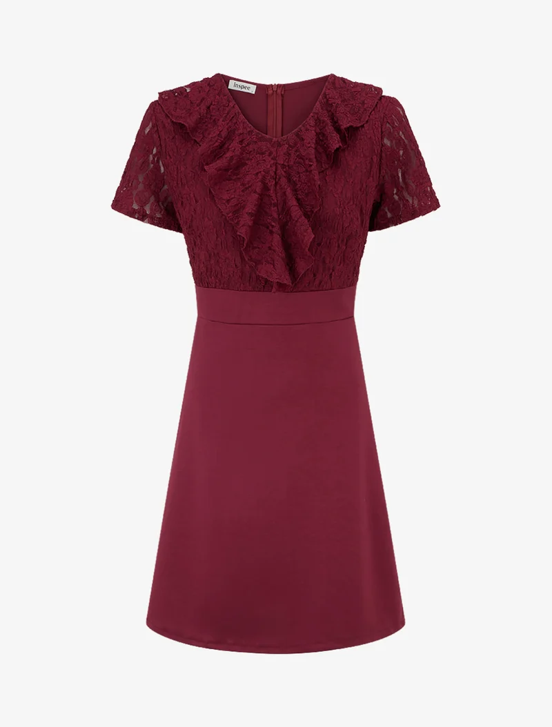 Robe droite à buste volanté en dentelle - Lie de vin