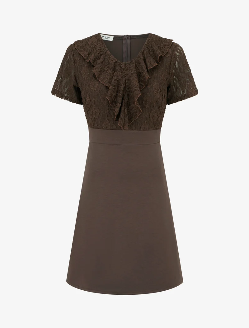 Robe droite à buste volanté en dentelle - Marron