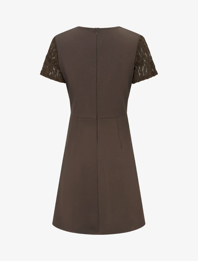 Robe droite à buste volanté en dentelle - Marron