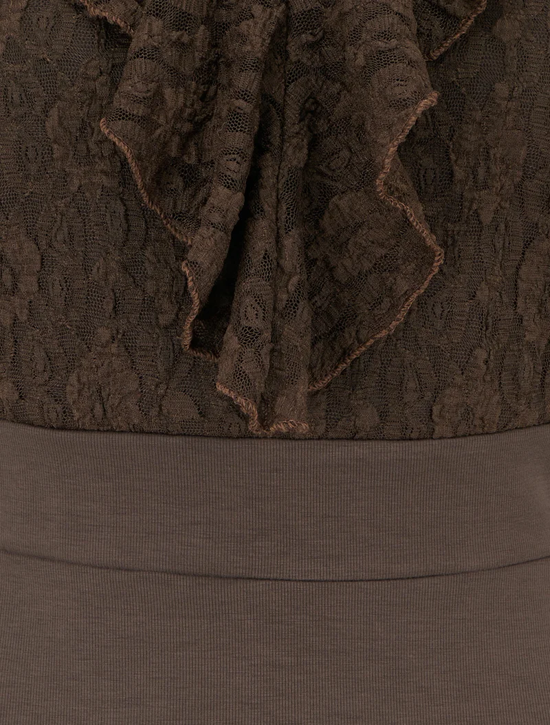 Robe droite à buste volanté en dentelle - Marron